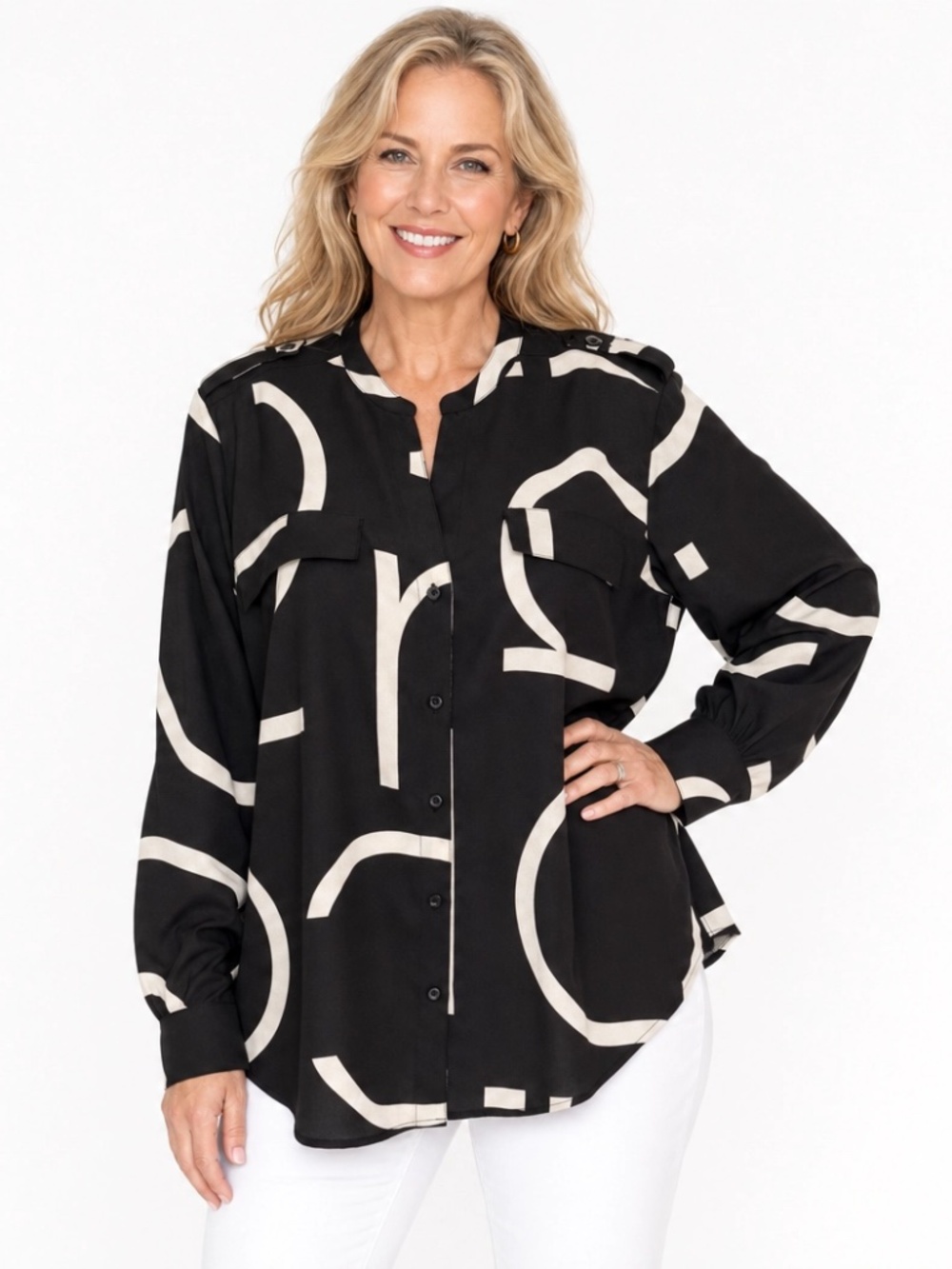 Calvin Klein Abstract Print Blouse Size L Black White Button Front Top NWT
